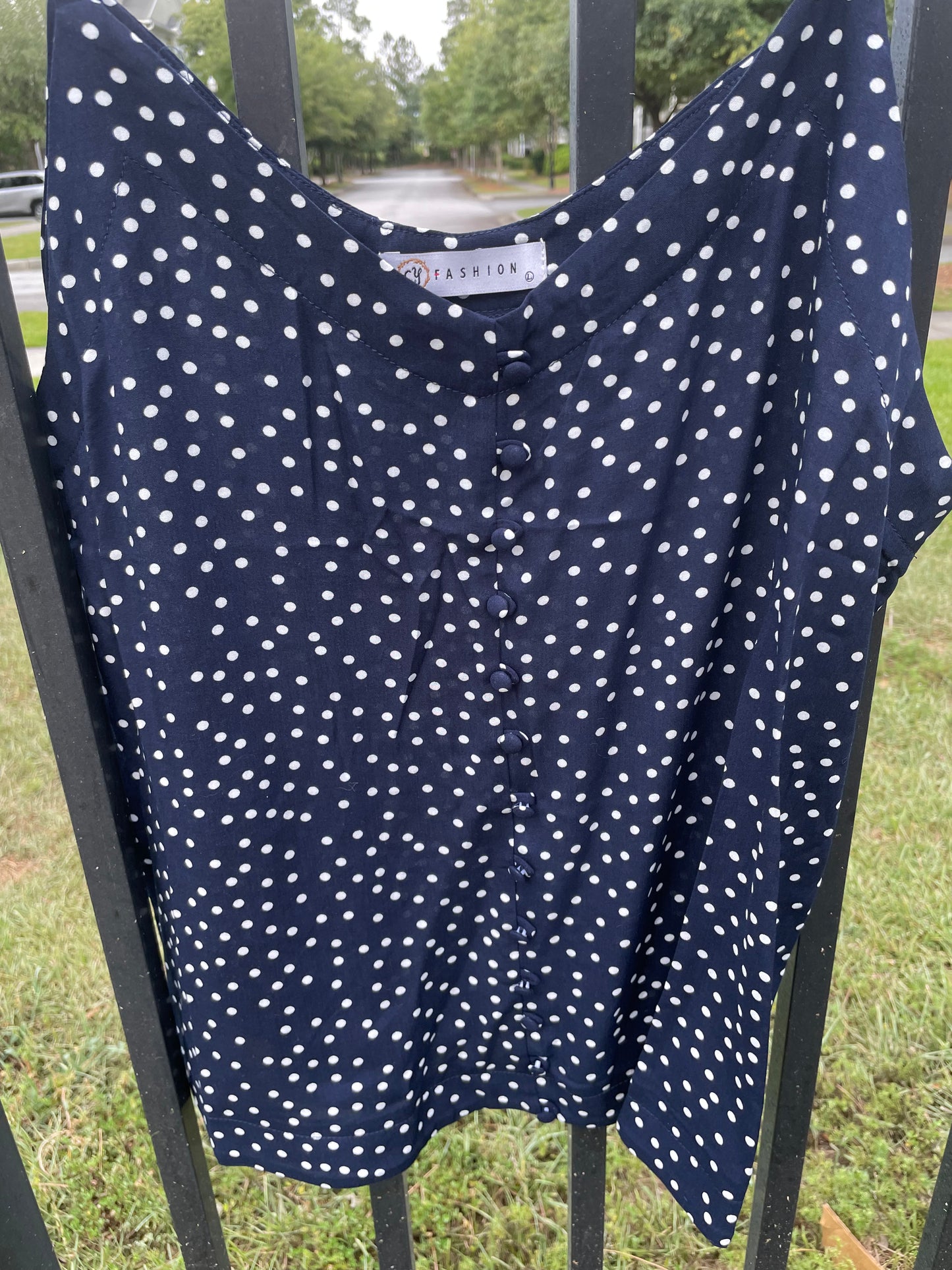 Button Cami in Navy and White Polka Dot