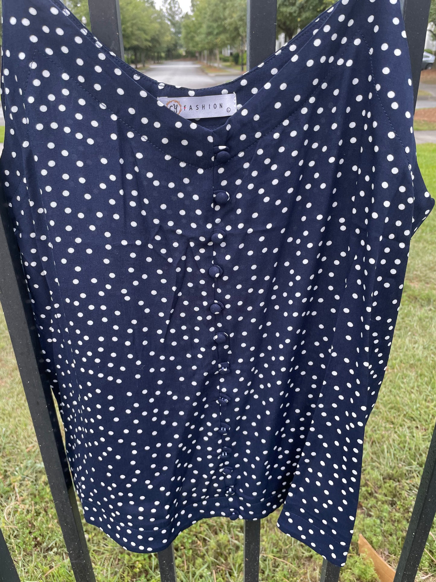 Button Cami in Navy and White Polka Dot