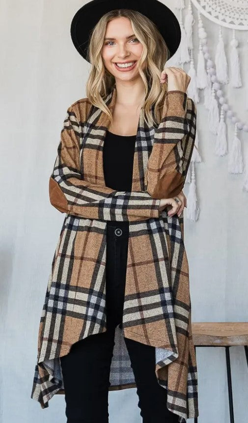 Elbow Patched Cardigan in Plaid Mocha (With Pockets!)