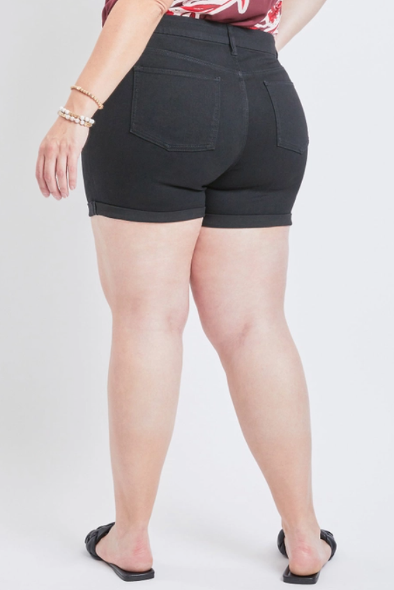 High Rise Button Fly Cuffed Shorts in Black