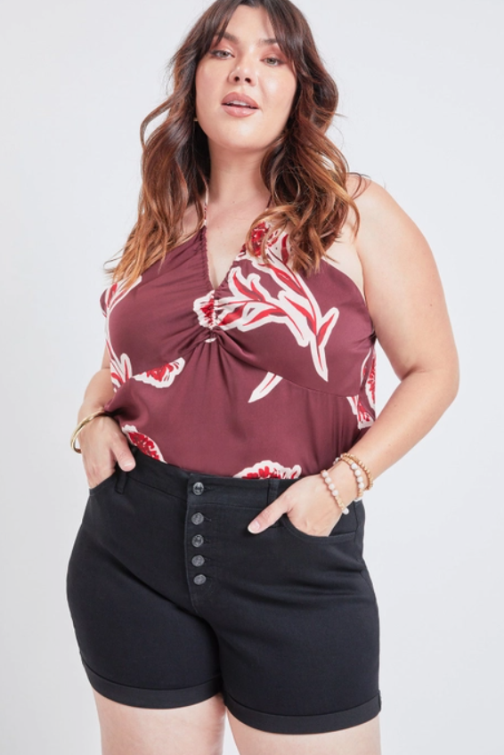 High Rise Button Fly Cuffed Shorts in Black