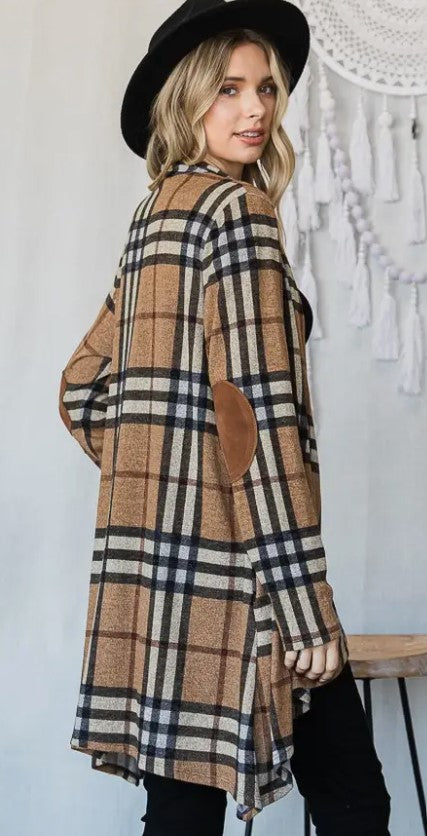 Elbow Patched Cardigan in Plaid Mocha (With Pockets!)